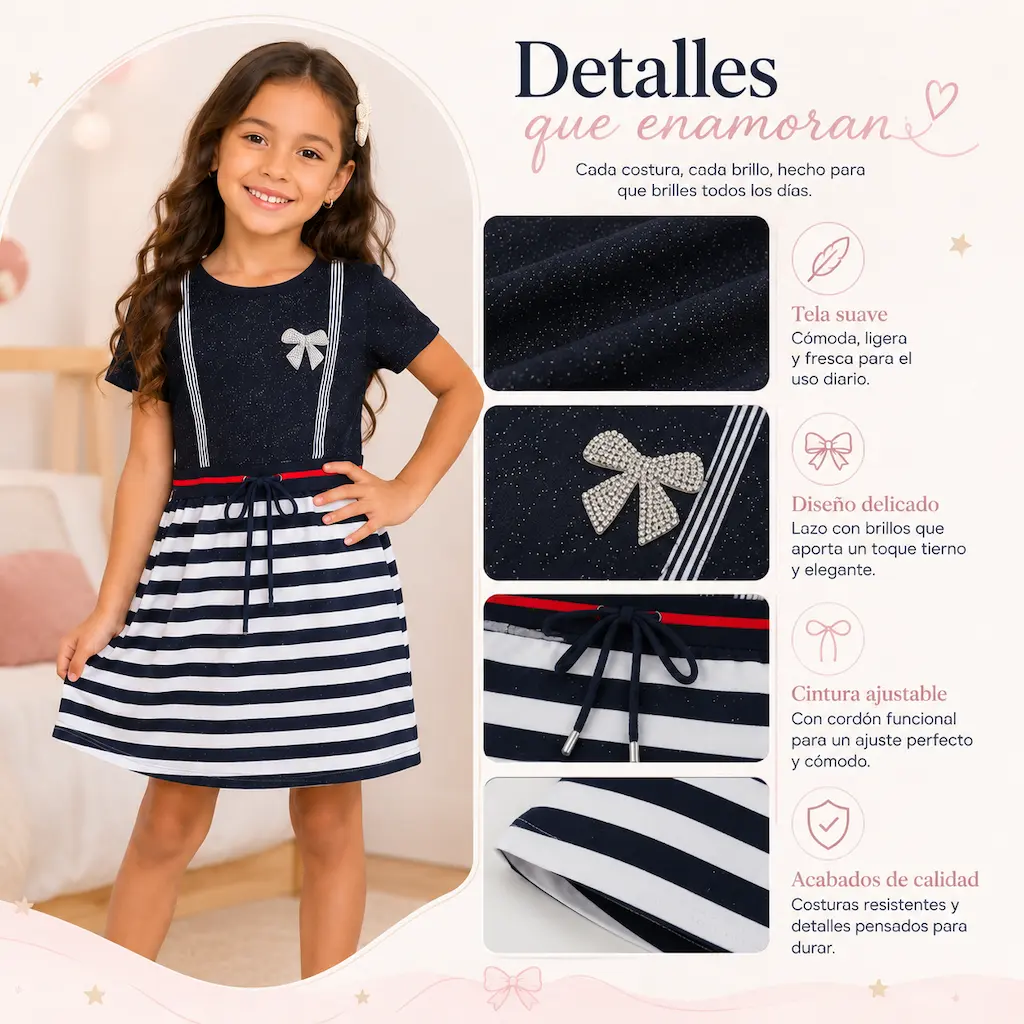Imagen de detalle de vestido infantil azul marino de rayas con diseño cómodo y estilo moderno para niña.