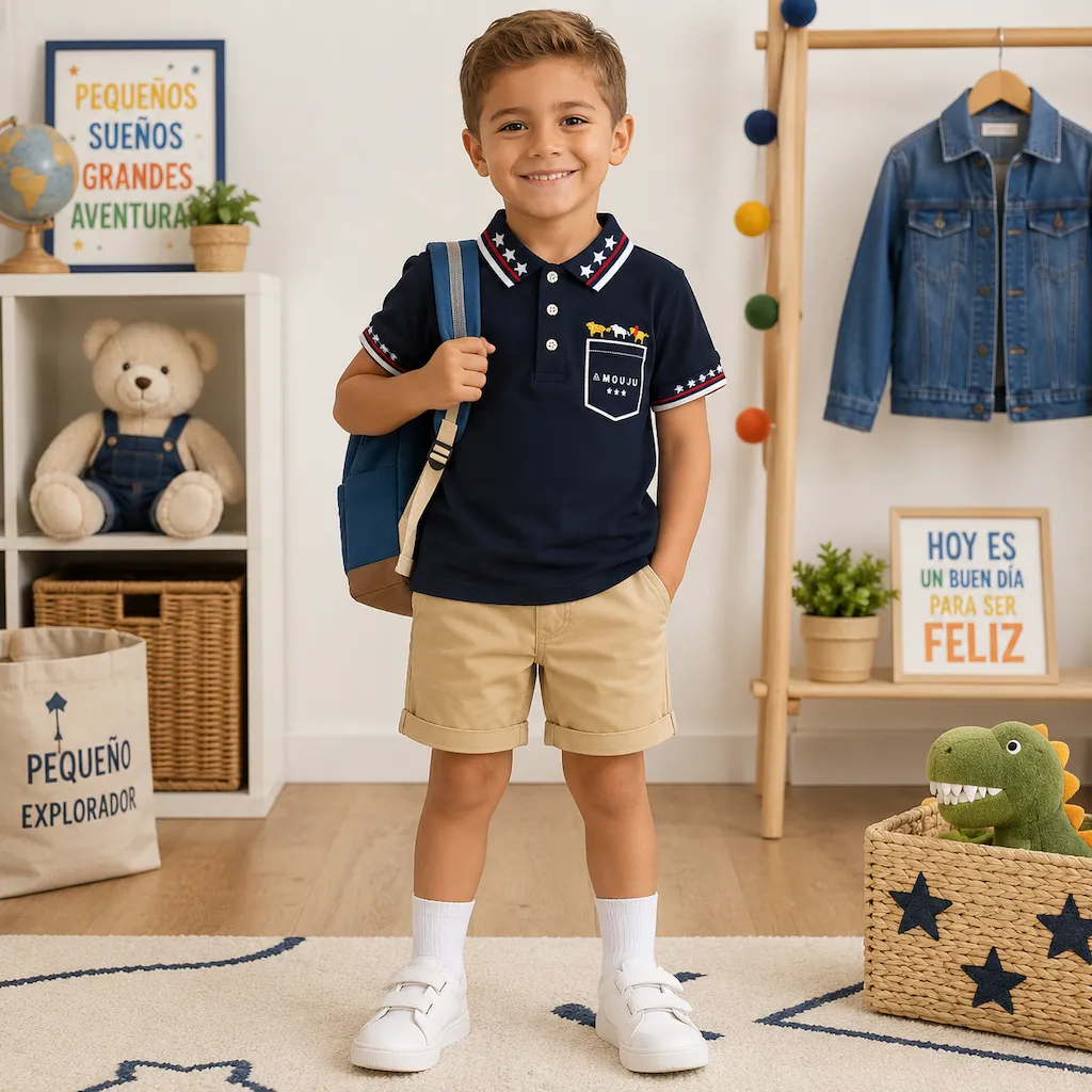 Niño colombiano usando polo infantil azul marino para venta mayorista