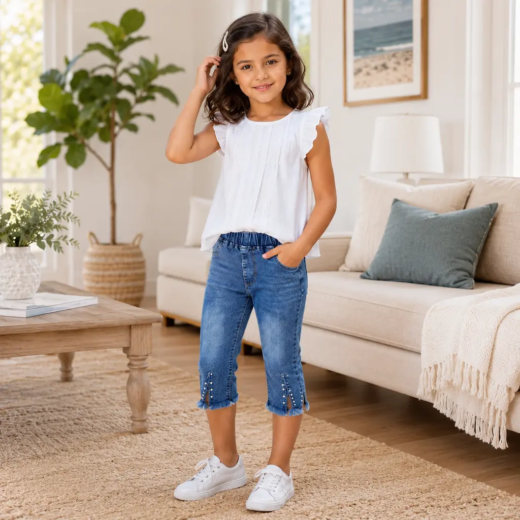 Niña usando jean capri con perlas laterales, ropa infantil al por mayor para tiendas en Colombia