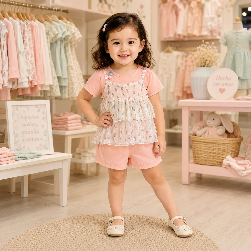 Bebé niña con conjunto rosado de short y blusa de capas estampada, ropa infantil al por mayor en Colombia