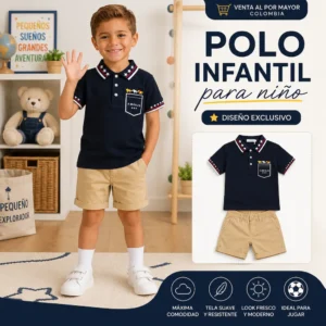 Polo infantil azul marino con detalles de calidad para mayoristas en Colombia