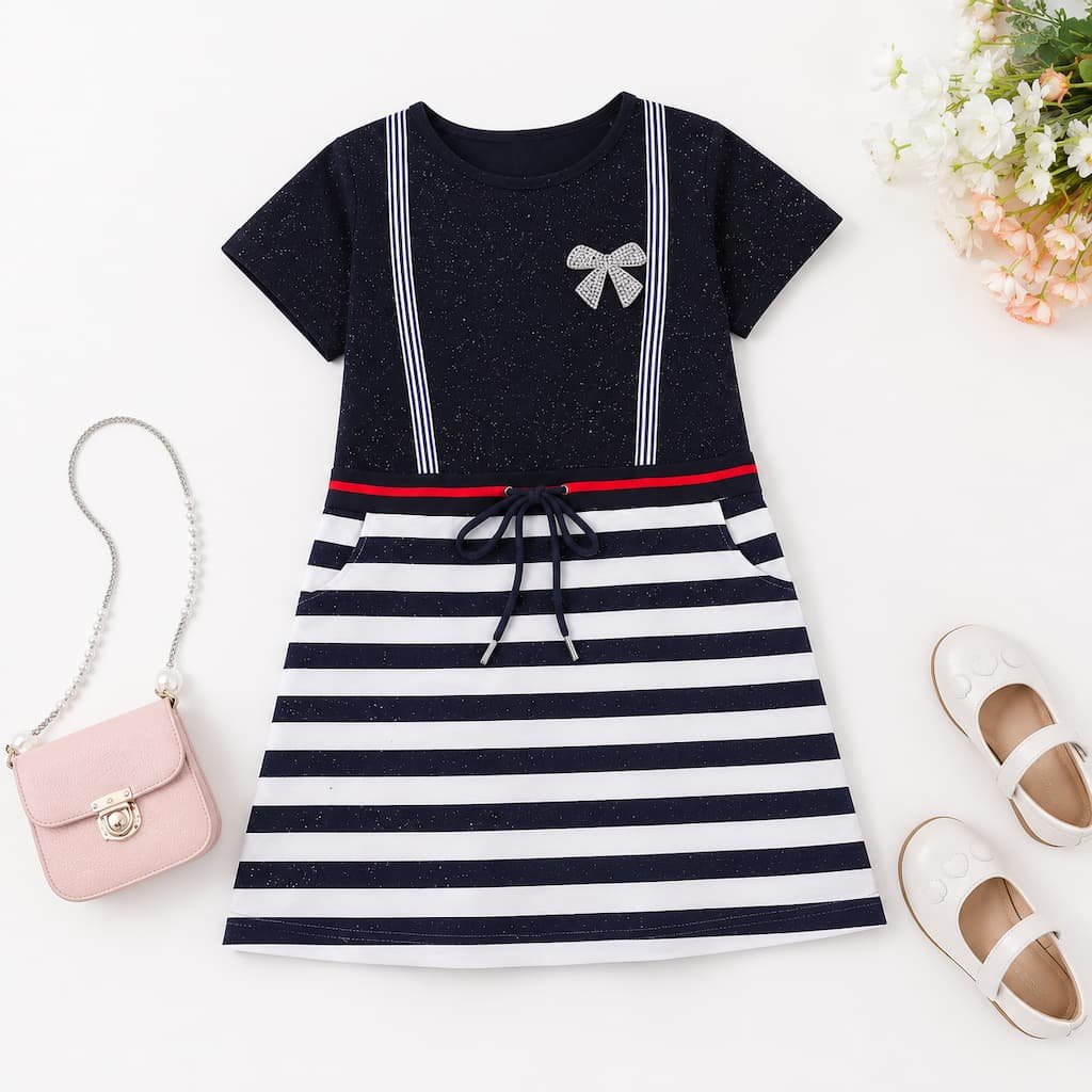 Vestido infantil azul marino de rayas presentado en composición flat lay con accesorios.