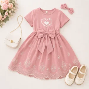 Vestido infantil rosa con bordado blanco y accesorios para niñas
