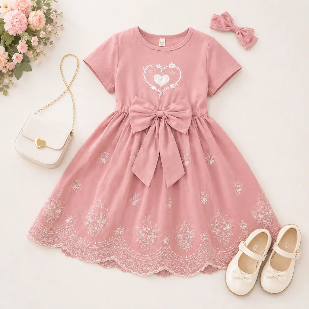 Vestido infantil rosa con bordado blanco y accesorios para niñas