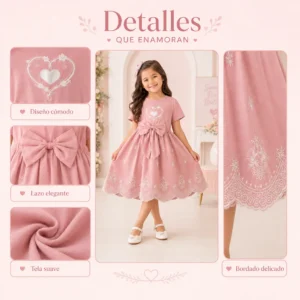 Detalles de vestido infantil rosa con lazo, bordado delicado y tela suave