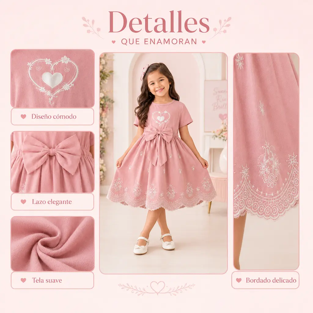 Detalles de vestido infantil rosa con lazo, bordado delicado y tela suave