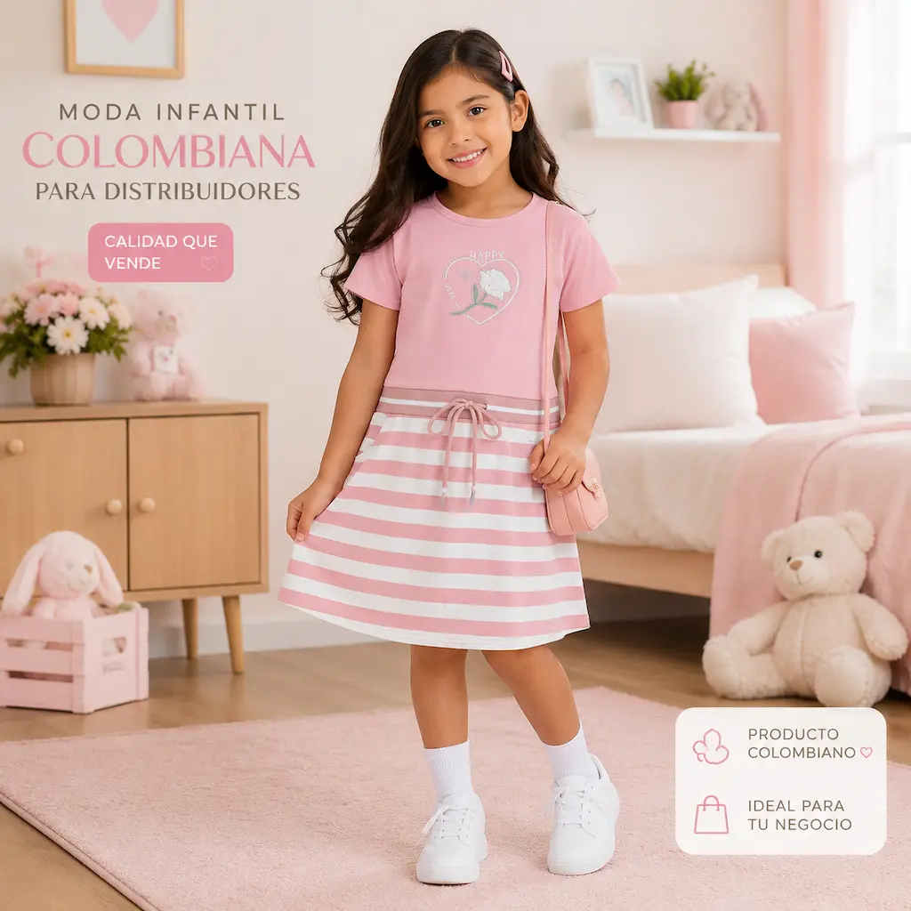 Niña colombiana con vestido rosa infantil de rayas posando en una habitación de estilo pastel.