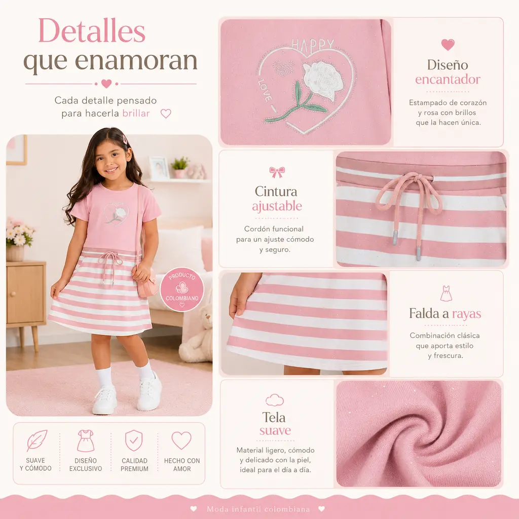 Imagen de detalles de vestido rosa infantil para niña, mostrando diseño, tela y estilo.