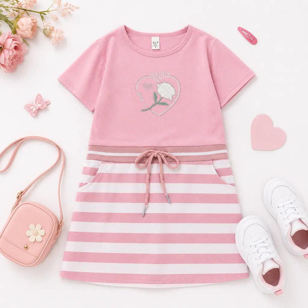 Vestido rosa infantil para niña presentado en composición flat lay sobre fondo claro.