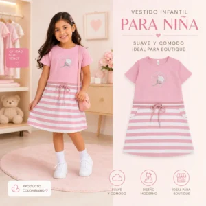 Imagen promocional de vestido rosa infantil para niña, ideal para catálogo de moda infantil.