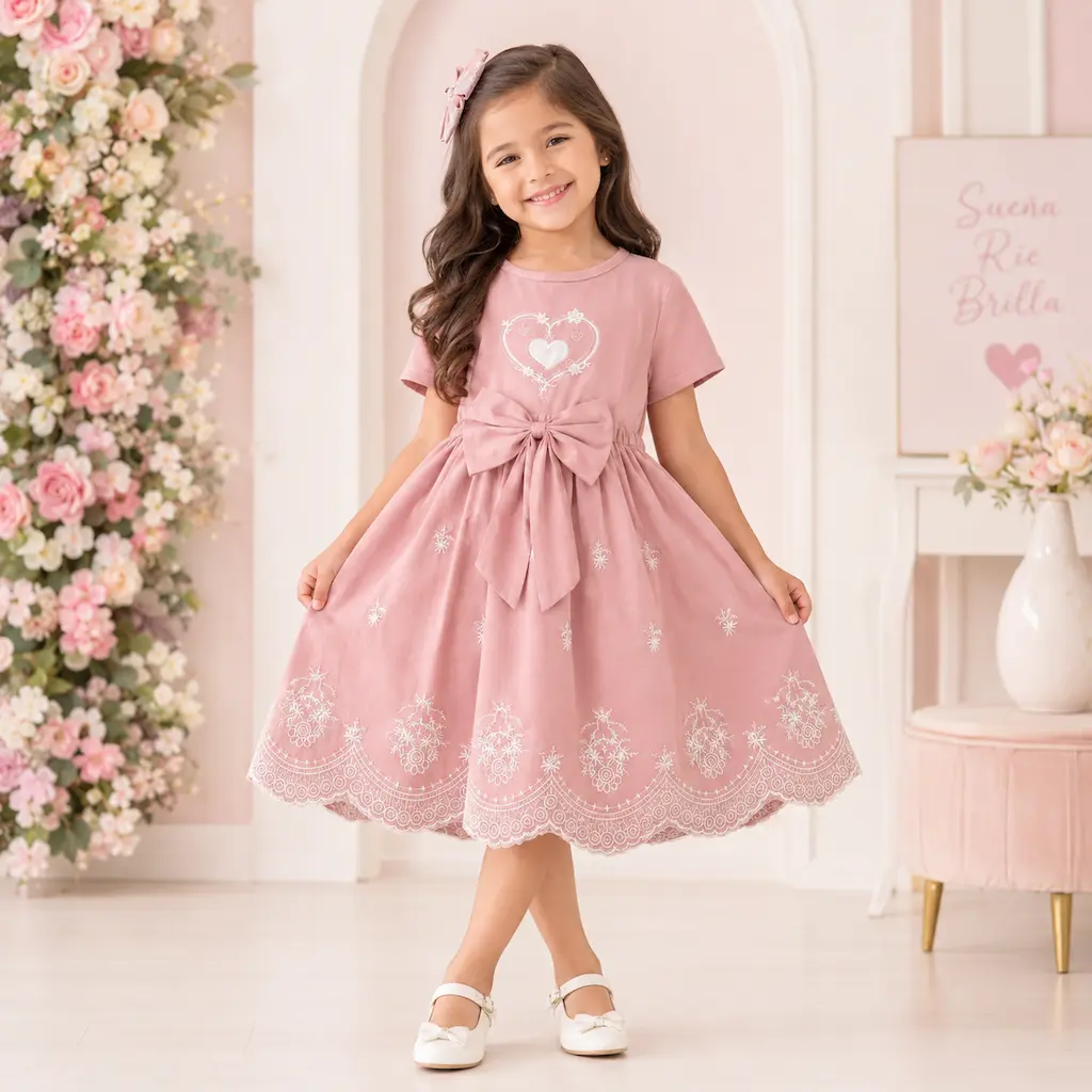 Niña colombiana usando vestido rosa infantil de manga corta con lazo elegante