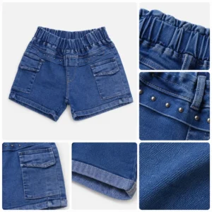 Detalles de short jean para niñas con cintura elástica, bolsillos y acabado de calidad para venta mayorista