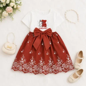 Vestido rojo para niña con bordado floral y lazo grande de cintura