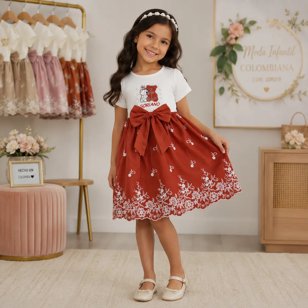 Niña colombiana con vestido rojo infantil elegante con lazo y bordado