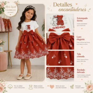 Detalles del vestido infantil rojo con lazo, estampado delicado y bordado de flores