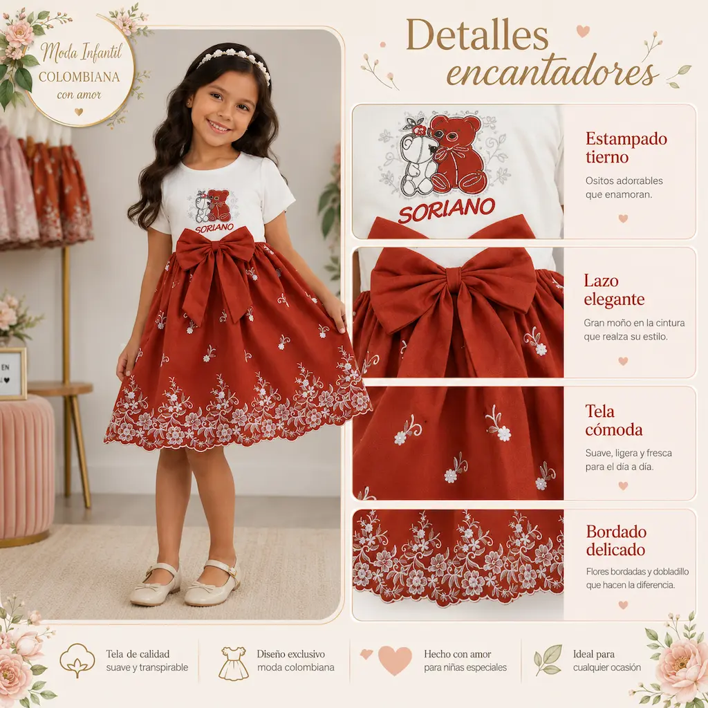 Detalles del vestido infantil rojo con lazo, estampado delicado y bordado de flores