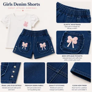 Detalle de short denim para niñas con cintura elástica, bolsillos con lazos rosas y acabado de calidad para ropa infantil al por mayor.