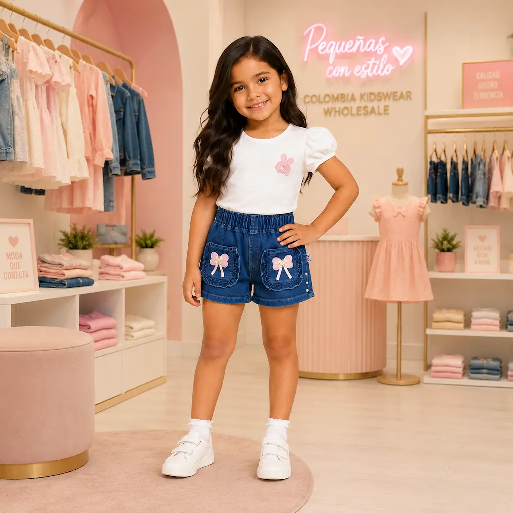 Short de jean para niñas con diseño de bolsillos decorativos, modelo infantil en tienda de ropa mostrando moda infantil colombiana al por mayor.