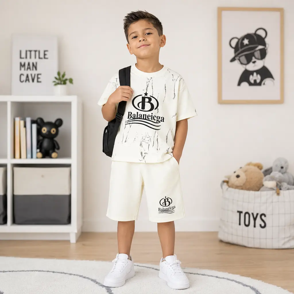 Niño colombiano con conjunto infantil blanco de camiseta y shorts para moda casual
