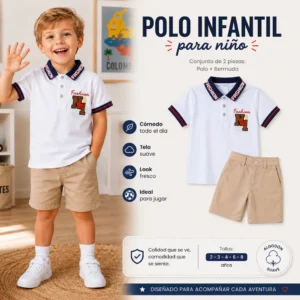 Detalles del polo blanco infantil para niño con cuello y bordado