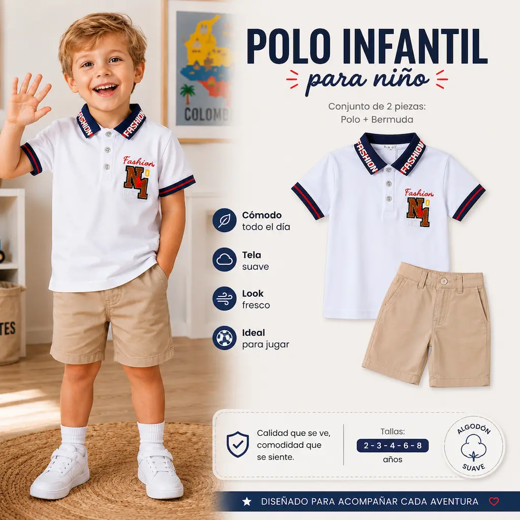 Detalles del polo blanco infantil para niño con cuello y bordado