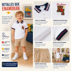Detalle de tela, costura y diseño del polo infantil blanco