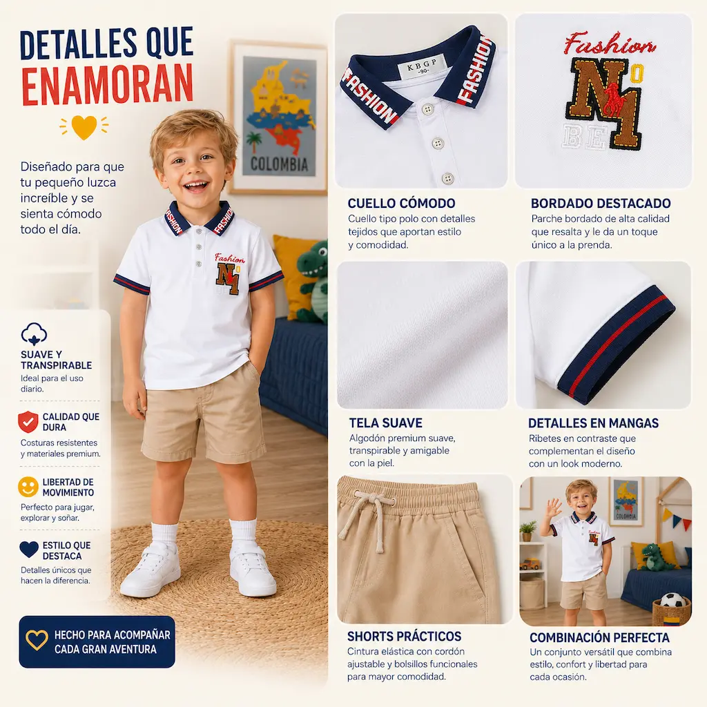 Detalle de tela, costura y diseño del polo infantil blanco