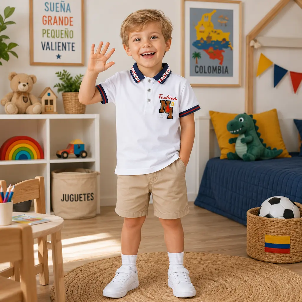 Niño colombiano usando polo blanco infantil con short beige