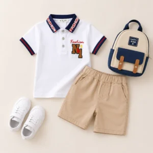 Conjunto de polo blanco infantil y short beige para niño