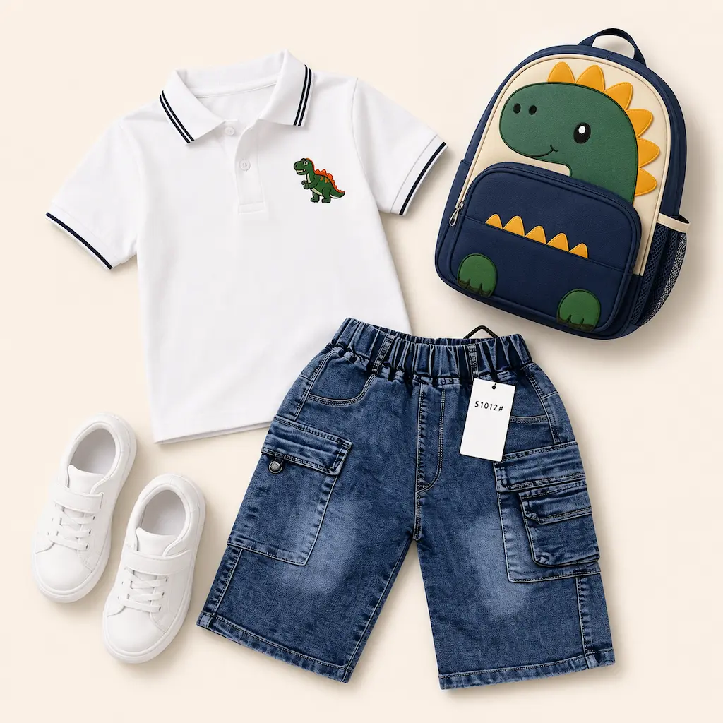 Conjunto infantil para niño con camisa polo blanca y shorts de mezclilla azul