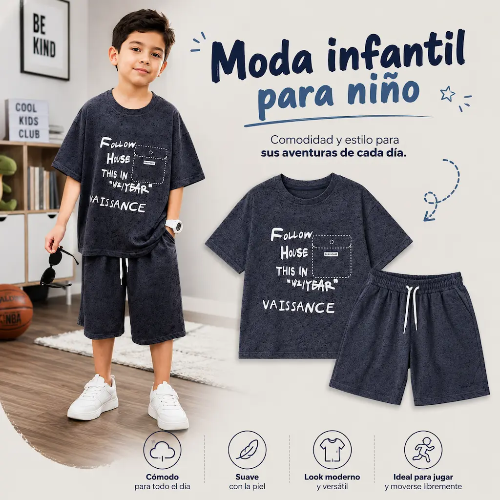 Conjunto de ropa infantil para niño en estilo moderno y cómodo, perfecto para catálogo de moda infantil mayorista en Colombia.
