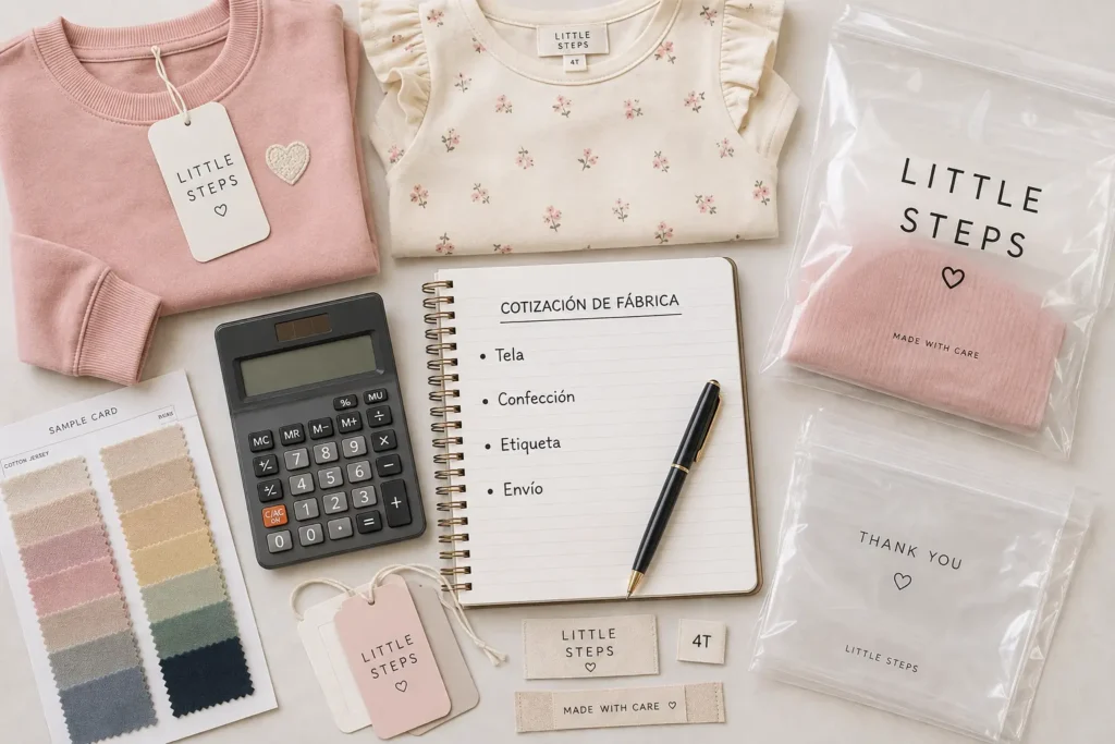 Cálculo de costos de compra directa de ropa infantil OEM con prendas, calculadora, telas, etiquetas y empaque