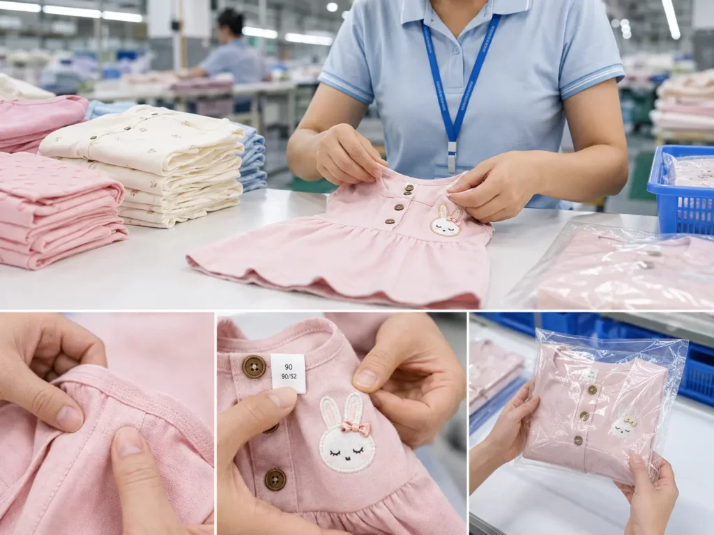 Inspección de calidad de ropa infantil con revisión de detalles, etiqueta de talla y empaque final